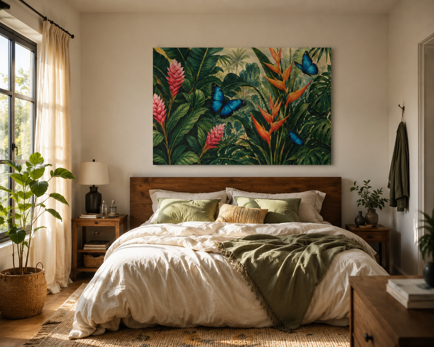 Tropical Butterfly Canvas Wall Art — Blue Butterflies & Exotic Foliage Matte Stretched Print