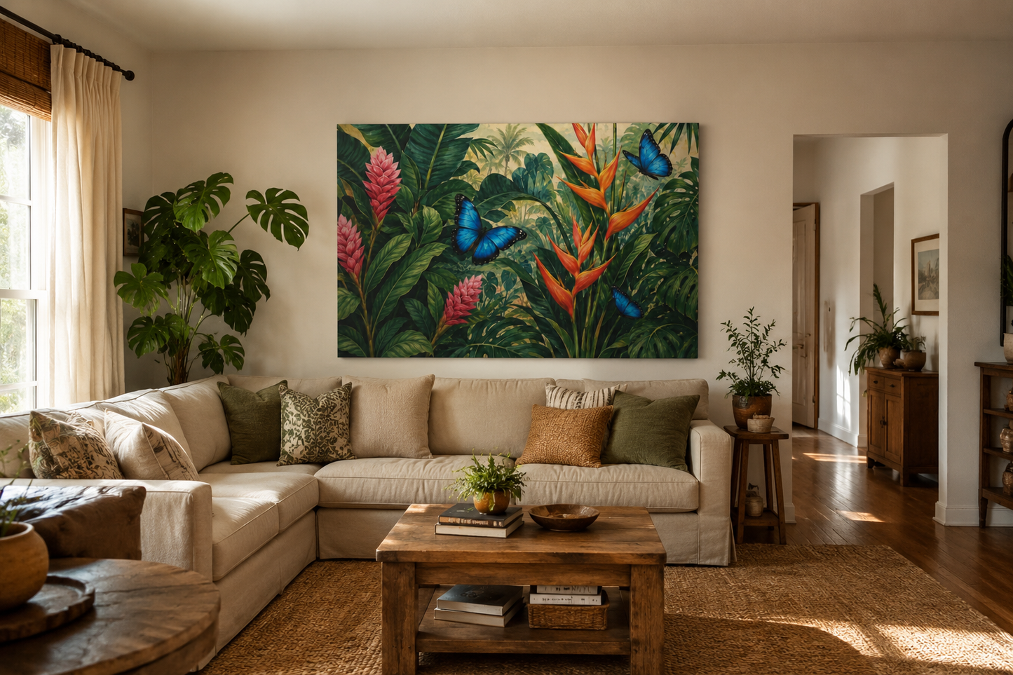 Tropical Butterfly Canvas Wall Art — Blue Butterflies & Exotic Foliage Matte Stretched Print