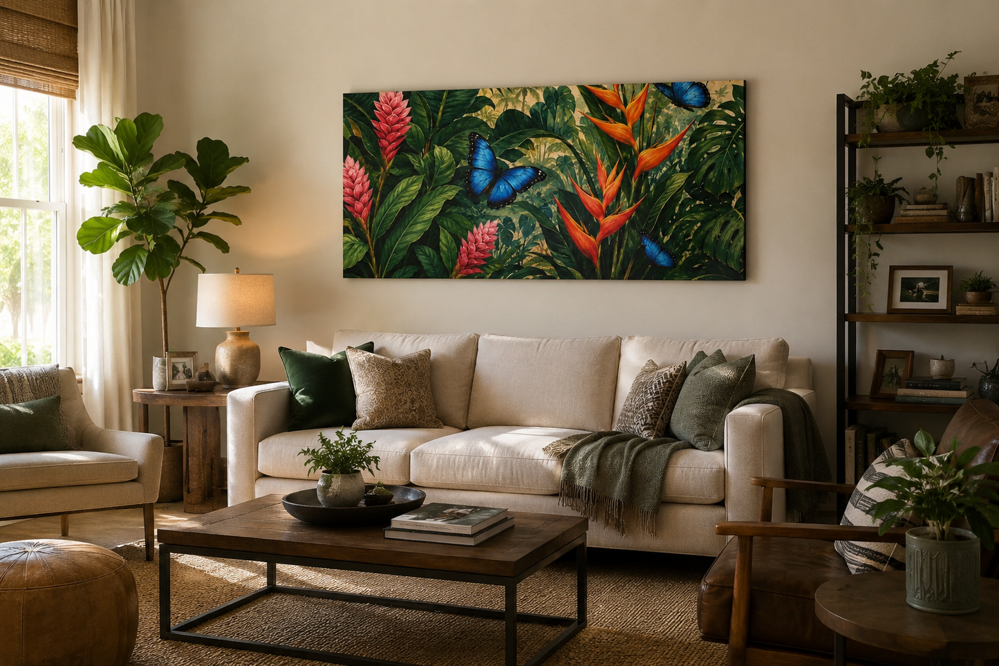 Tropical Butterfly Canvas Wall Art — Blue Butterflies & Exotic Foliage Matte Stretched Print