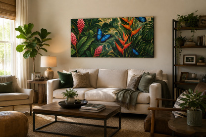 Tropical Butterfly Canvas Wall Art — Blue Butterflies & Exotic Foliage Matte Stretched Print