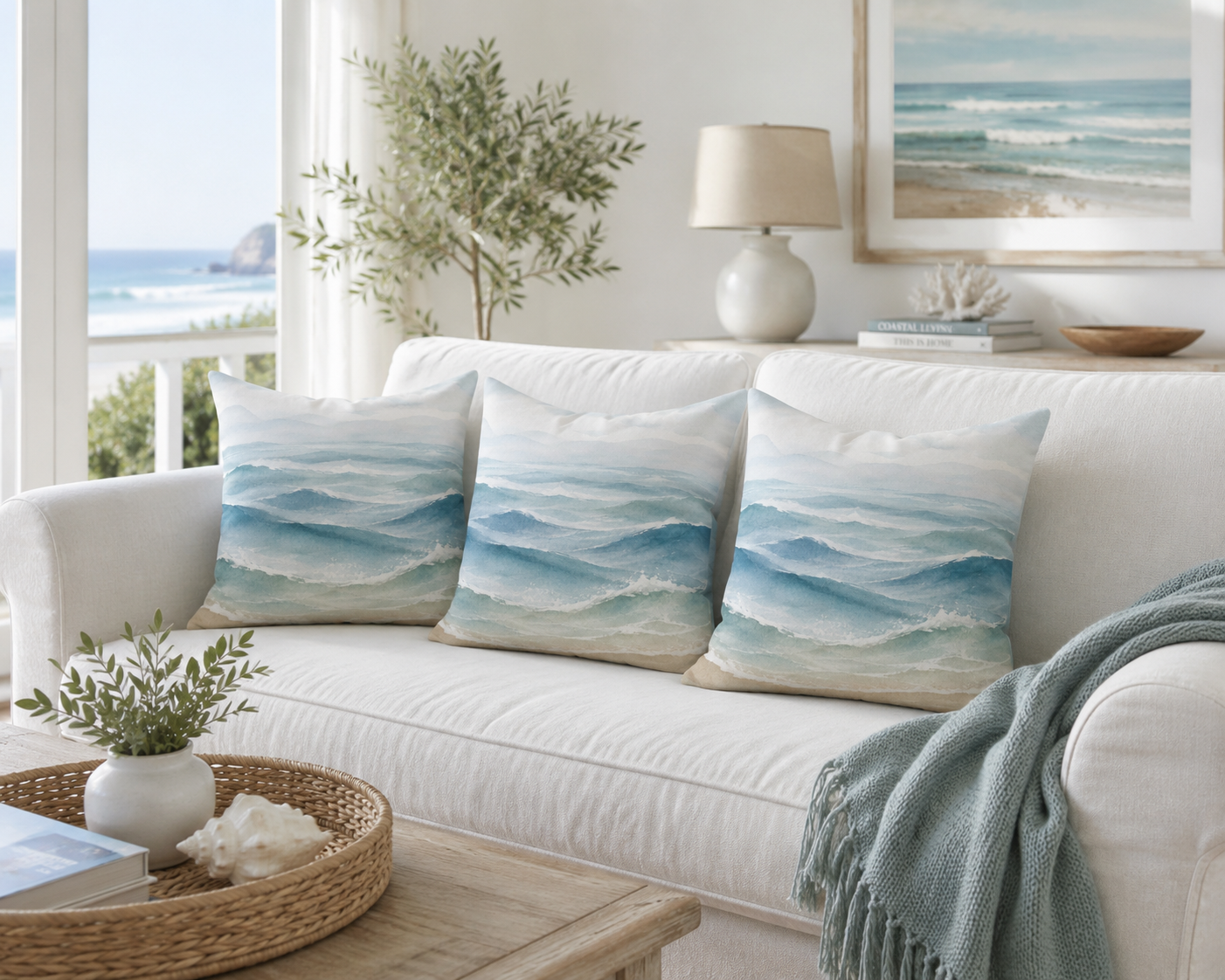 Coastal Waves Faux Suede Pillow — Watercolor Ocean Throw Pillow