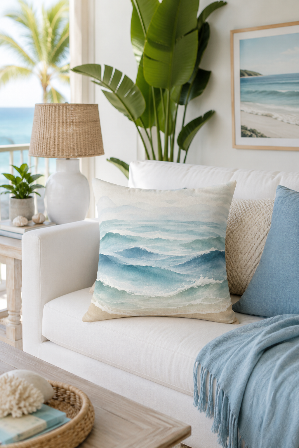 Coastal Waves Faux Suede Pillow — Watercolor Ocean Throw Pillow