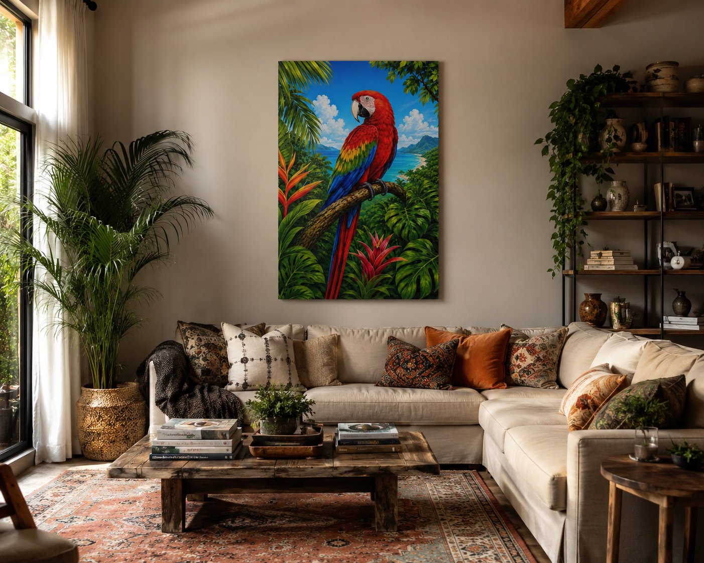 Tropical Parrot Canvas Wall Art – Colorful Scarlet Macaw Beach Scene