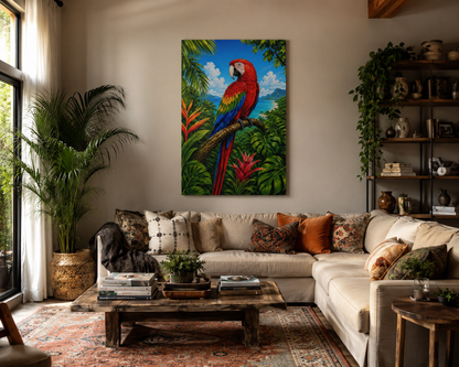 Tropical Parrot Canvas Wall Art – Colorful Scarlet Macaw Beach Scene