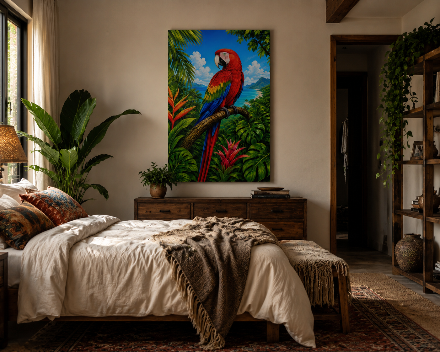 Tropical Parrot Canvas Wall Art – Colorful Scarlet Macaw Beach Scene