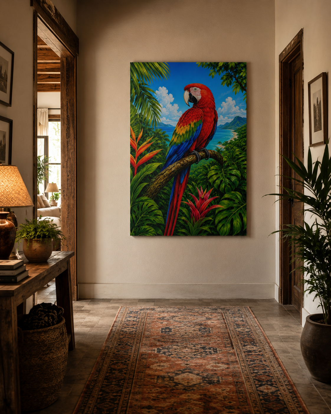 Tropical Parrot Canvas Wall Art – Colorful Scarlet Macaw Beach Scene
