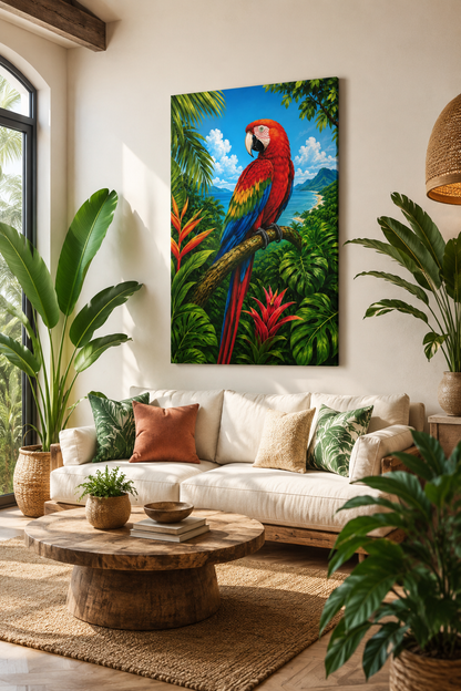 Tropical Parrot Canvas Wall Art – Colorful Scarlet Macaw Beach Scene
