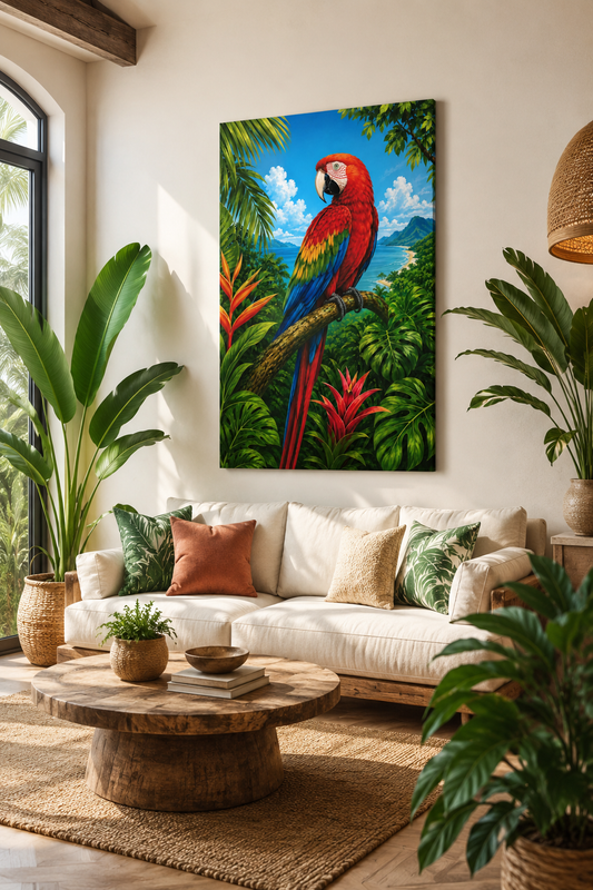 Tropical Parrot Canvas Wall Art – Colorful Scarlet Macaw Beach Scene