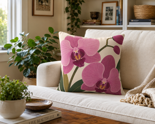 Pink Orchid Floral Throw Pillow — Botanical Square Decorative Pillow