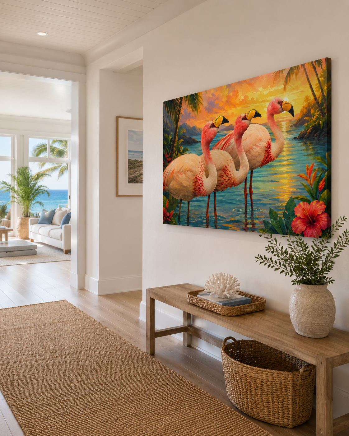 Tropical Flamingo Canvas Wall Art — Sunset Beach Scene Matte Stretched Print