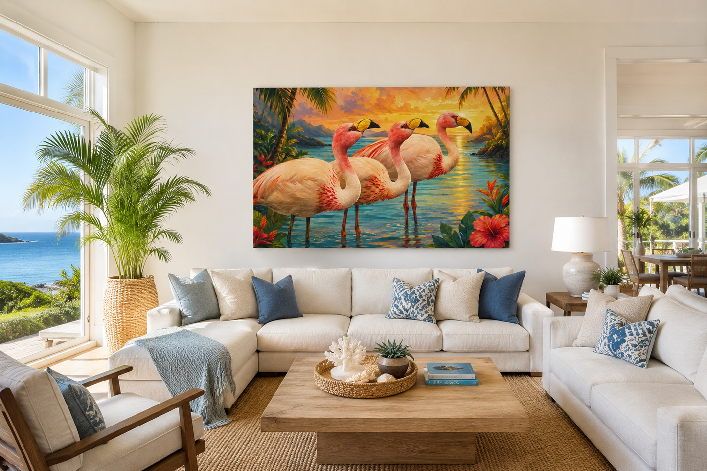 Tropical Flamingo Canvas Wall Art — Sunset Beach Scene Matte Stretched Print