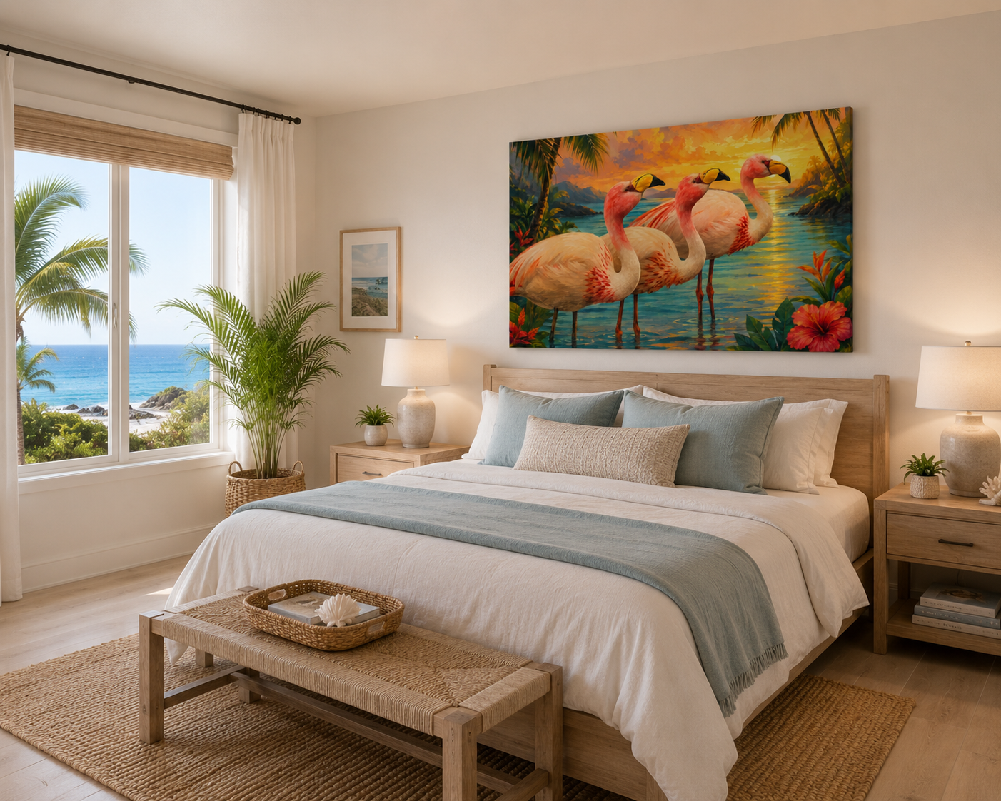 Tropical Flamingo Canvas Wall Art — Sunset Beach Scene Matte Stretched Print
