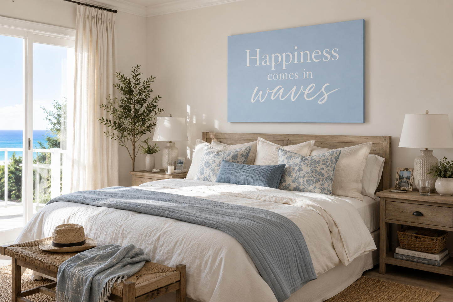 Happiness Comes in Waves Matte Canvas Wall Art — Coastal Inspirational Quote