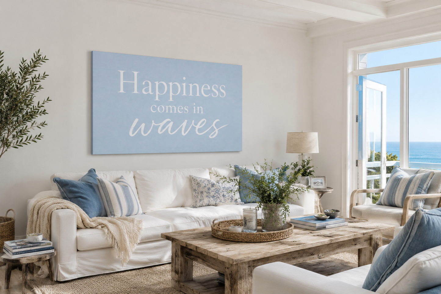 Happiness Comes in Waves Matte Canvas Wall Art — Coastal Inspirational Quote
