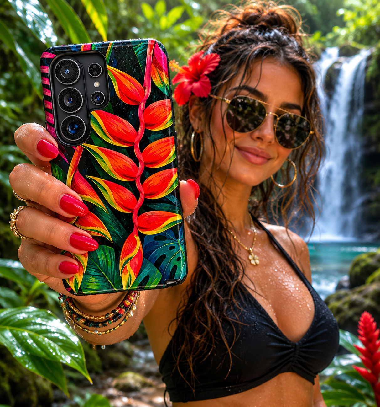 Tropical Heliconia Phone Case — Vibrant Red & Green Floral Protective Cover
