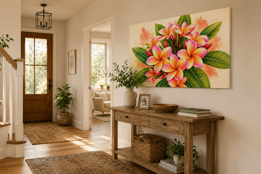 Living room with a floral painting on the wall above a wooden console table.