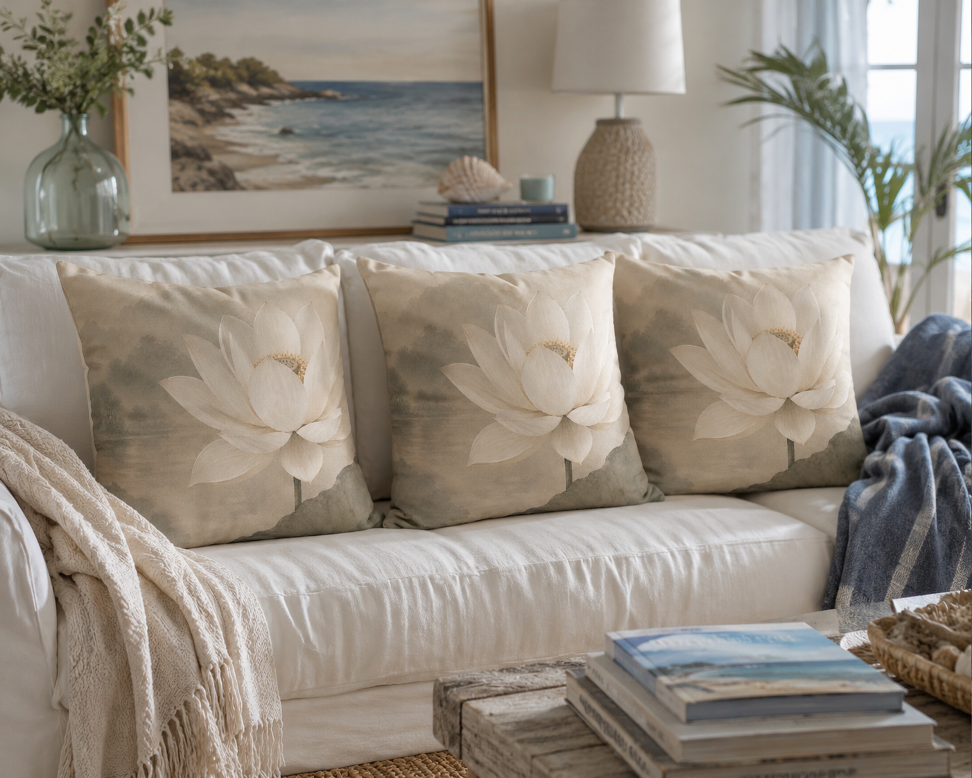 Lotus Bloom Faux Suede Pillow — Neutral Botanical Decorative Throw Pillow