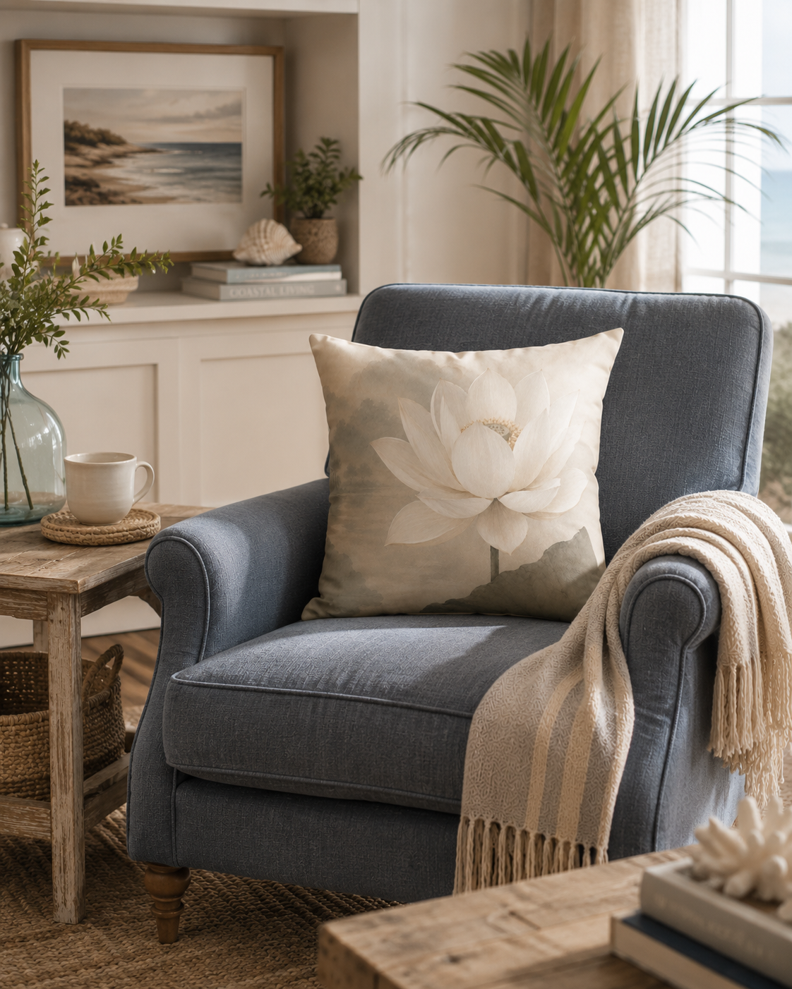 Lotus Bloom Faux Suede Pillow — Neutral Botanical Decorative Throw Pillow