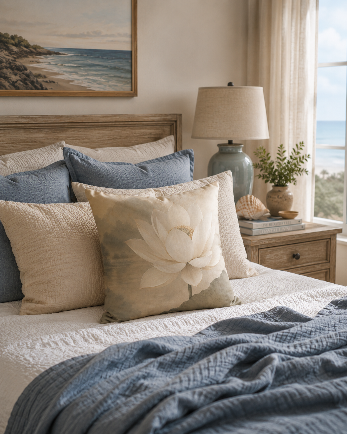 Lotus Bloom Faux Suede Pillow — Neutral Botanical Decorative Throw Pillow