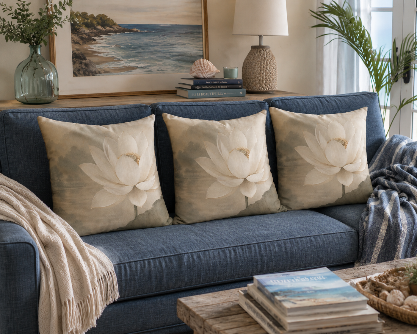 Lotus Bloom Faux Suede Pillow — Neutral Botanical Decorative Throw Pillow