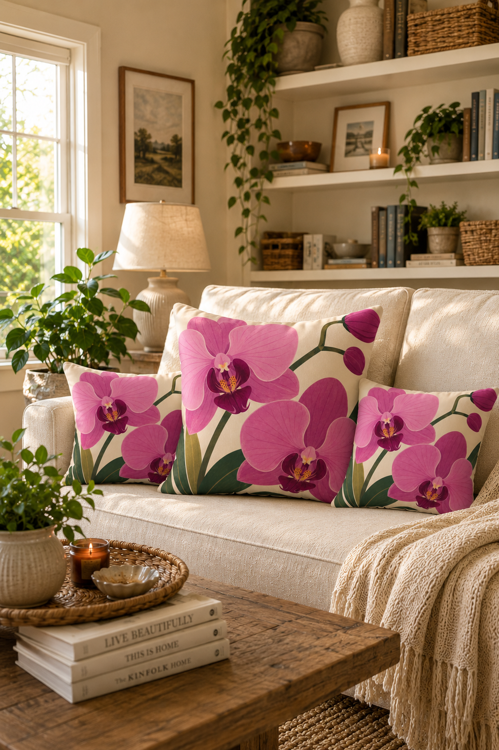 Orchid Floral Pillow — Pink Phalaenopsis Faux Suede Square Cushion