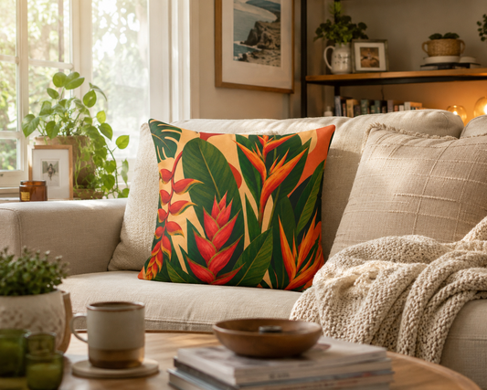 Living room with a colorful tropical leaf pillow on a beige sofa, surrounded by decor items.