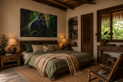 Cozy bedroom with a large gorilla painting on the wall