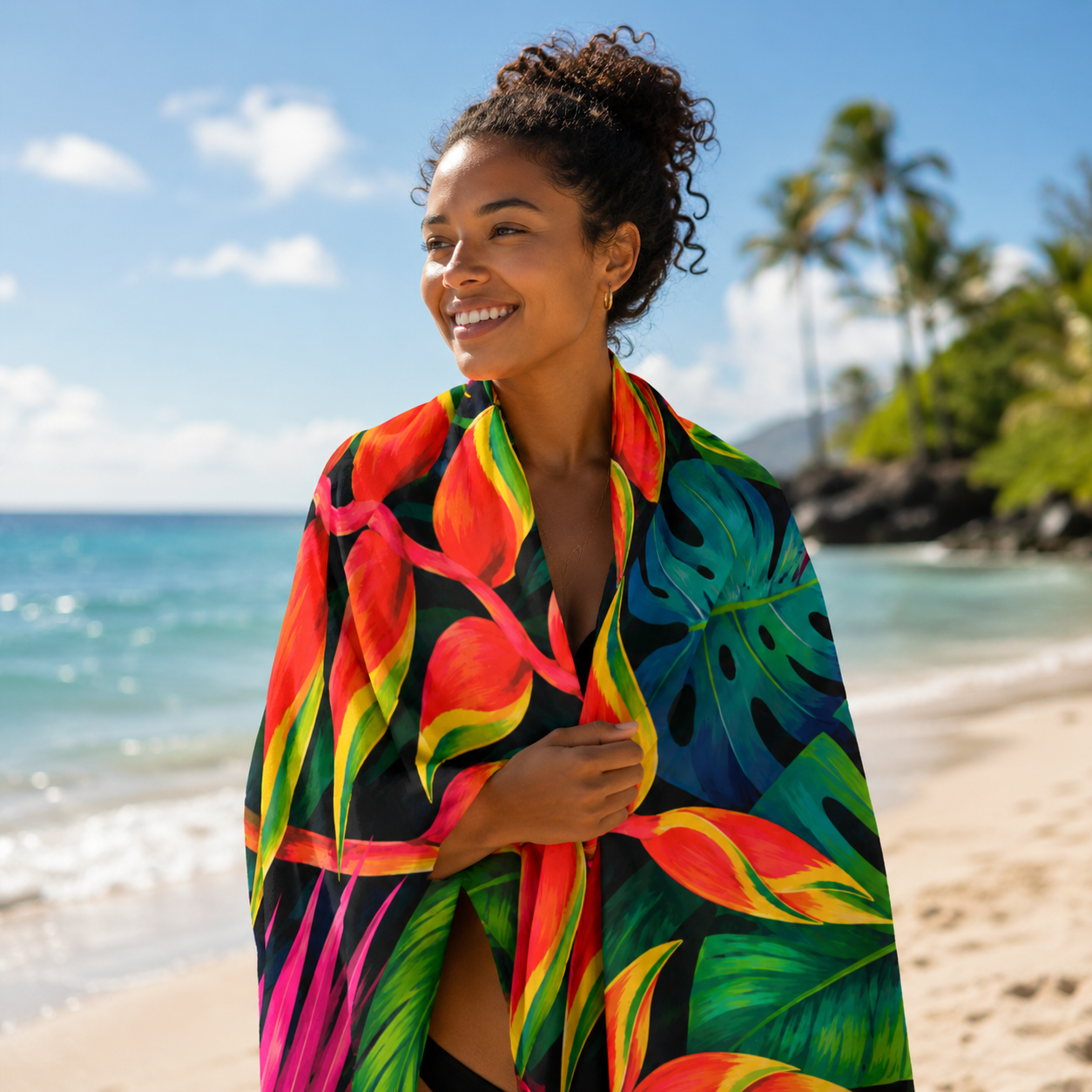 Tropical Heliconia Beach Towel — Vibrant Floral Tropical Leaf Pattern