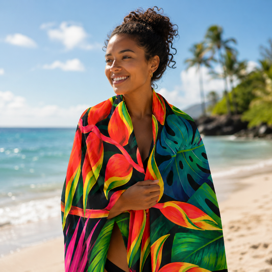 Woman on a beach wearing a colorful tropical patterned towel