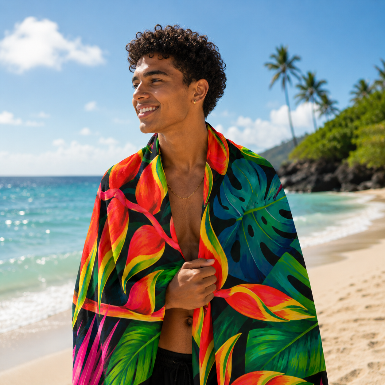 Tropical Heliconia Beach Towel — Vibrant Floral Tropical Leaf Pattern