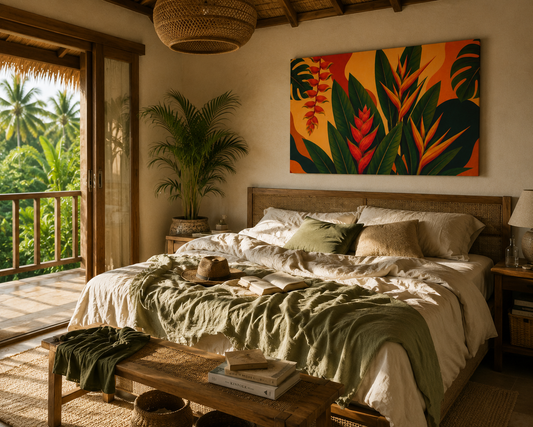 Bedroom with a large bed, wooden bench, and colorful wall art depicting tropical plants.