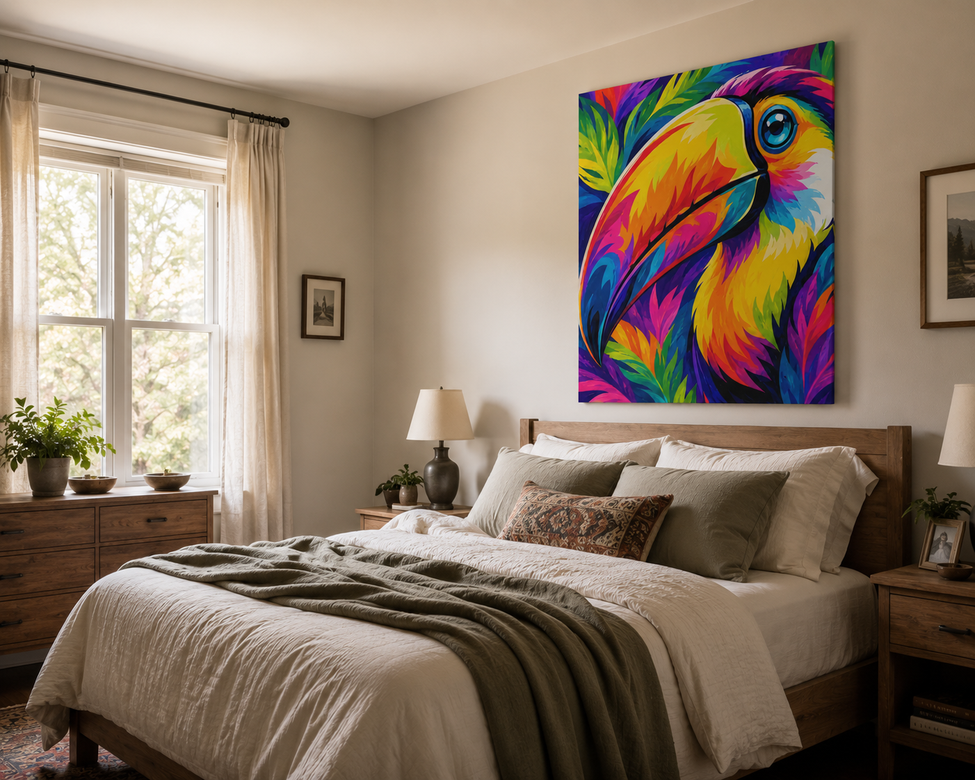 Colorful toucan painting on a wall above a bed in a bedroom.