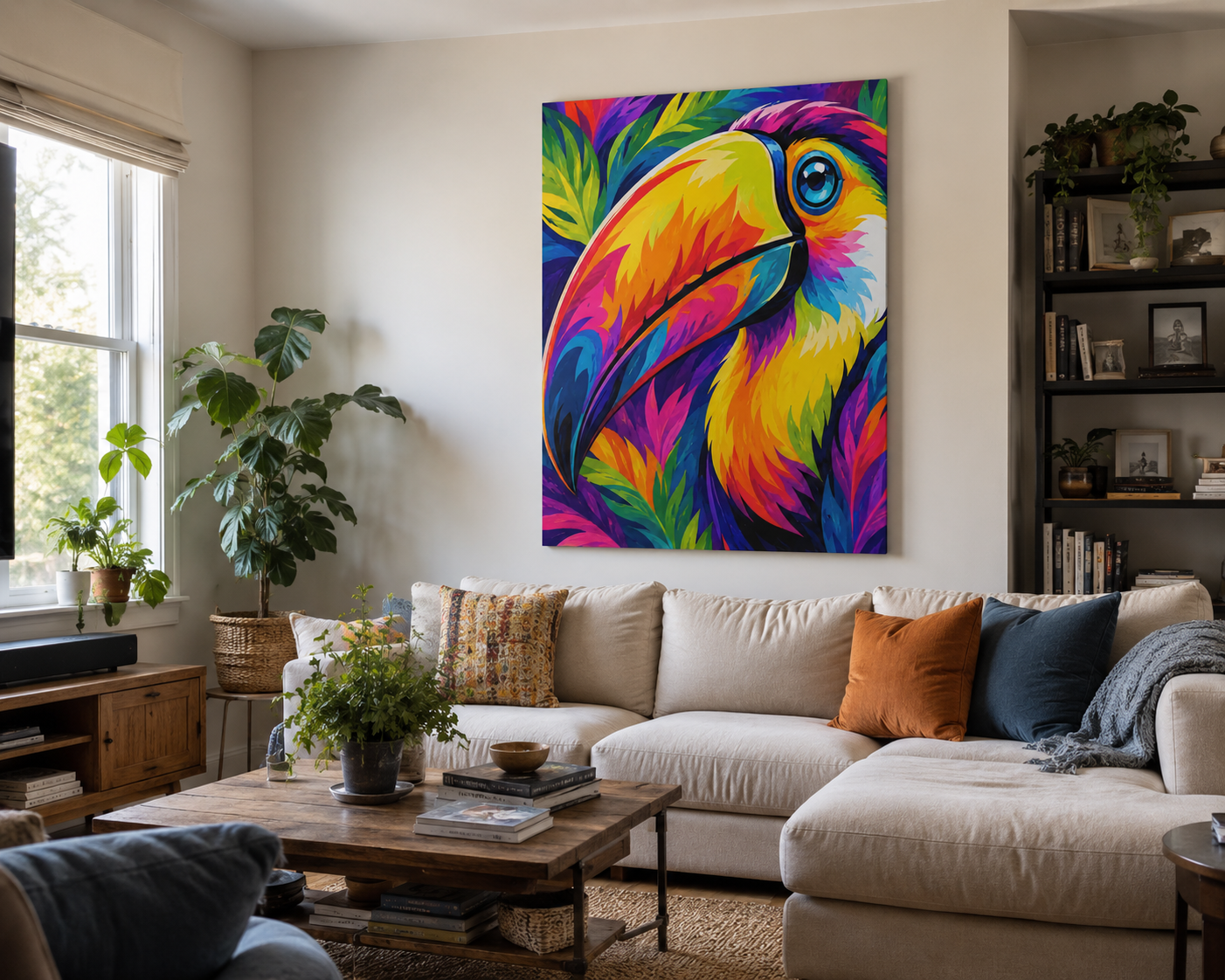 Living room with a colorful toucan painting on the wall, beige sofa, and wooden coffee table.