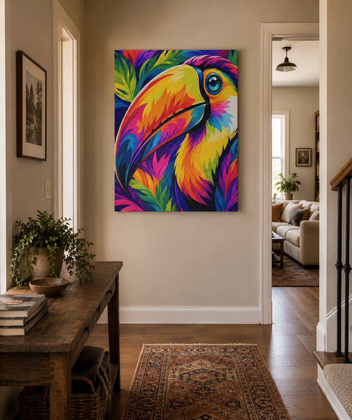 Colorful parrot painting on a wall in a home interior.