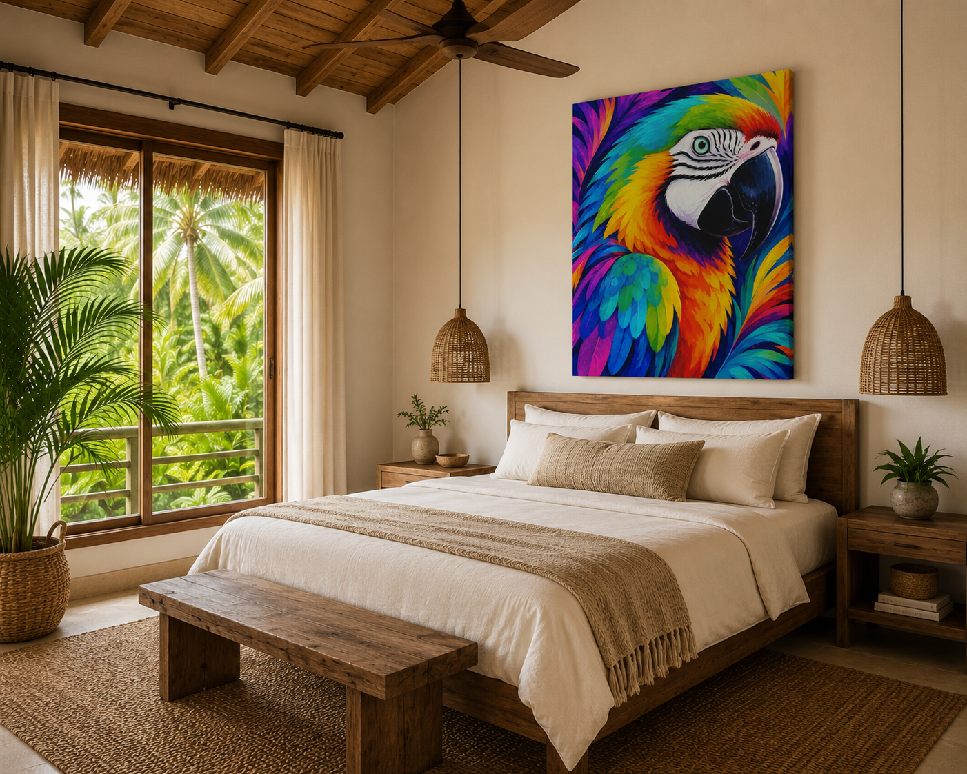 Vibrant Rainbow Macaw Matte Canvas Print - Stretched 1.25" Pop Art