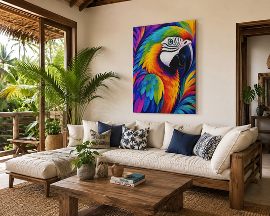 Vibrant Rainbow Macaw Matte Canvas Print - Stretched 1.25" Pop Art
