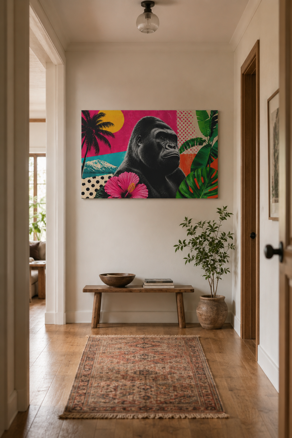 Hallway with a colorful gorilla painting on the wall, a wooden bench, and a rug.