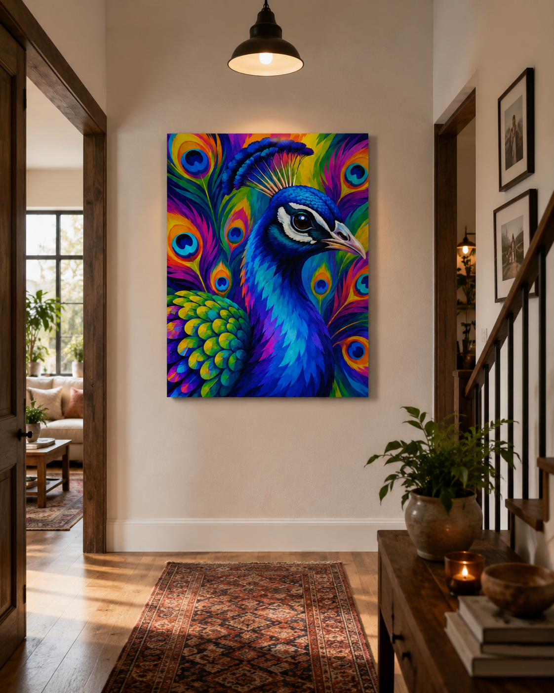 Vibrant Peacock Matte Canvas Print — Colorful Stretched Wall Art
