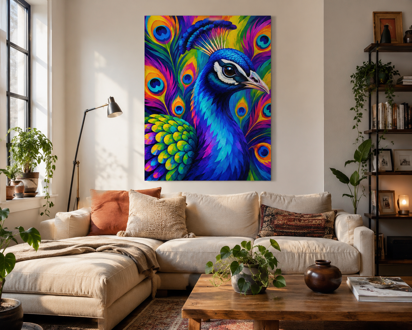 Vibrant Peacock Matte Canvas Print — Colorful Stretched Wall Art