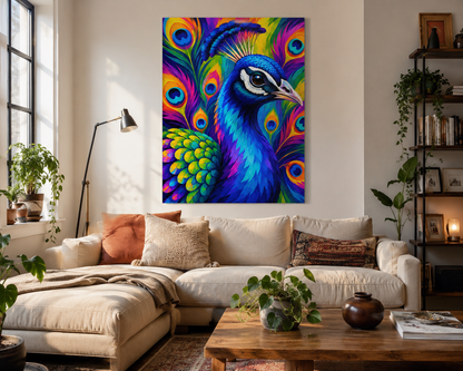 Vibrant Peacock Matte Canvas Print — Colorful Stretched Wall Art