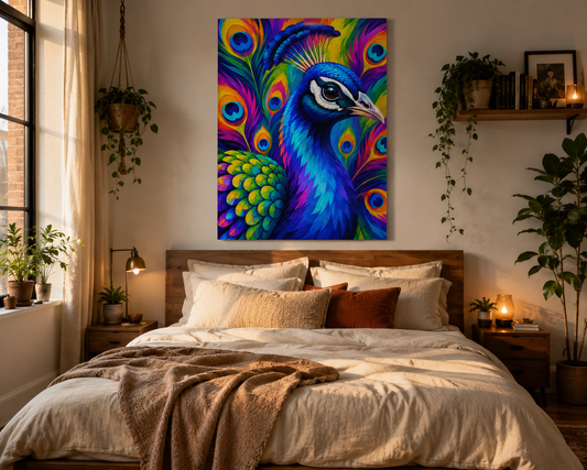 Vibrant Peacock Matte Canvas Print — Colorful Stretched Wall Art