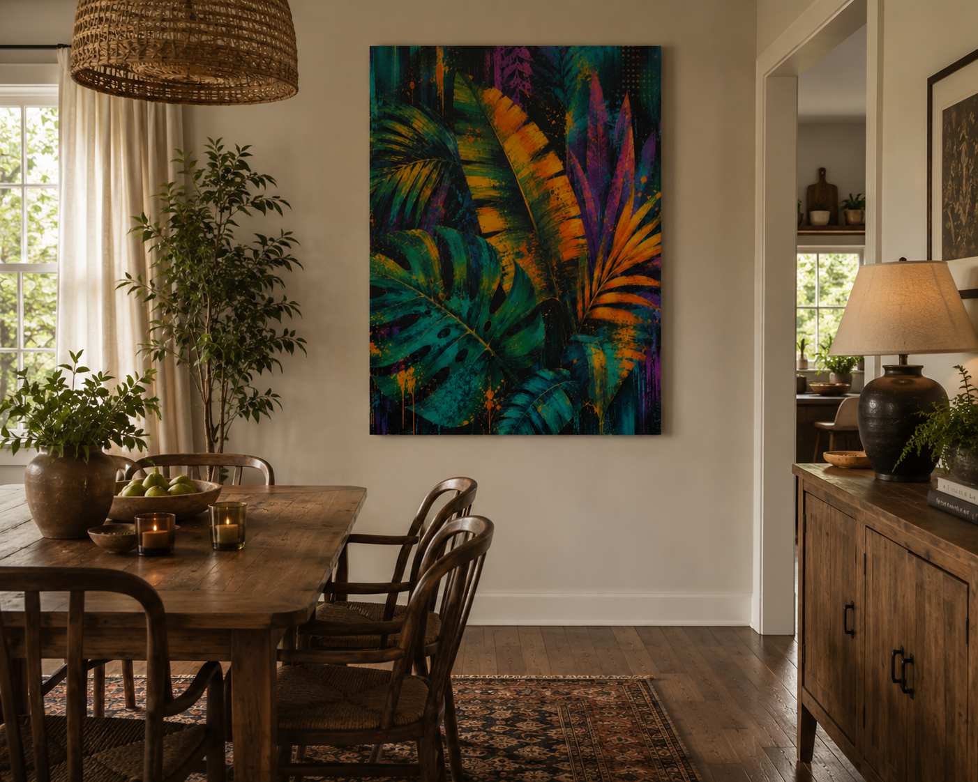 Tropical Foliage Canvas Wall Art - Vibrant Neon Jungle Matte Print