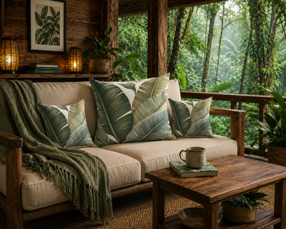 Cozy living room with a sofa, coffee table, and scenic view of trees.
