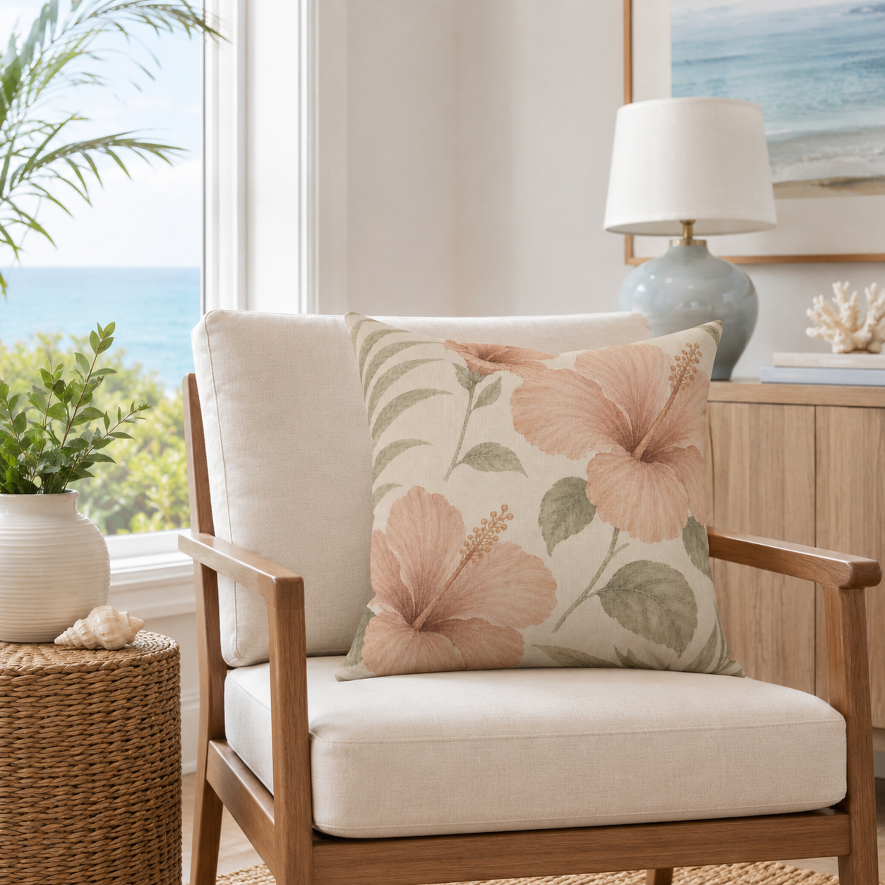 Chair with floral pillow in a room with a lamp and plants