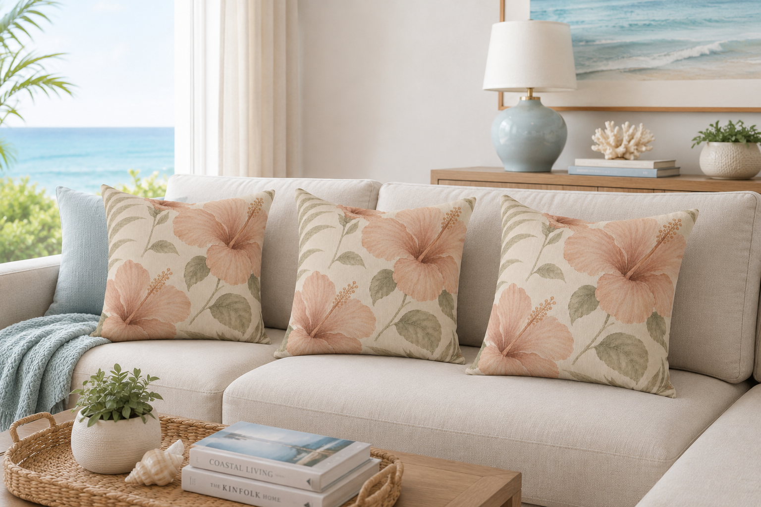 Floral-patterned cushions on a beige sofa in a living room with a coastal decor theme.