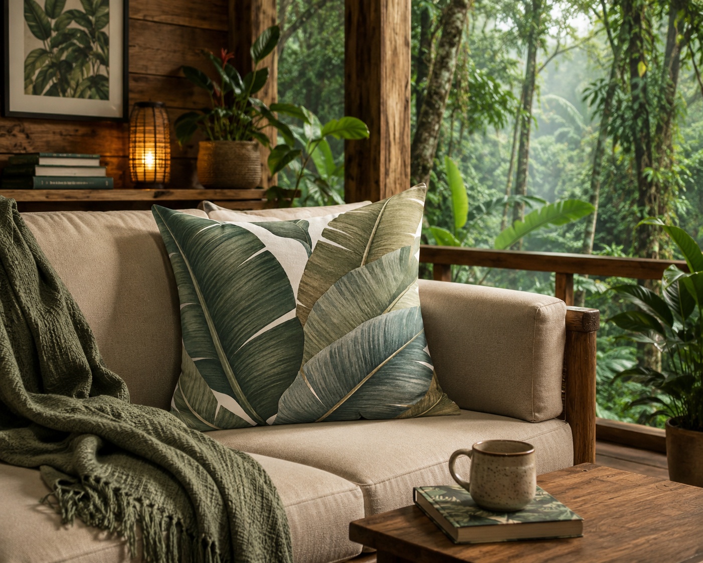 Banana Leaf Faux Suede Pillow - Tropical Green Decorative Throw Pillow