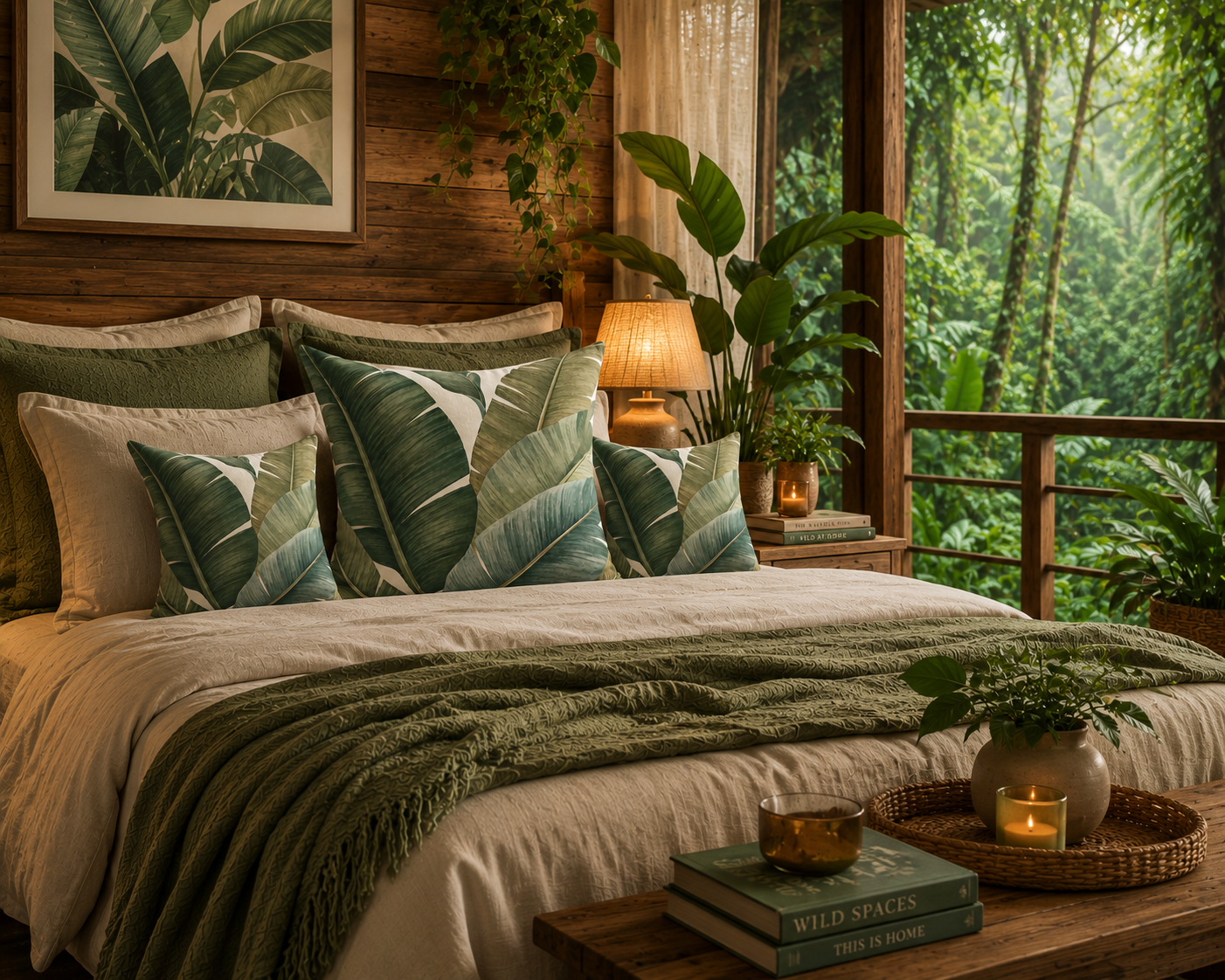 Banana Leaf Faux Suede Pillow - Tropical Green Decorative Throw Pillow
