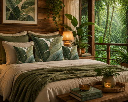 Bedroom with tropical decor, including a bed with leaf-patterned pillows and a view of a forest.