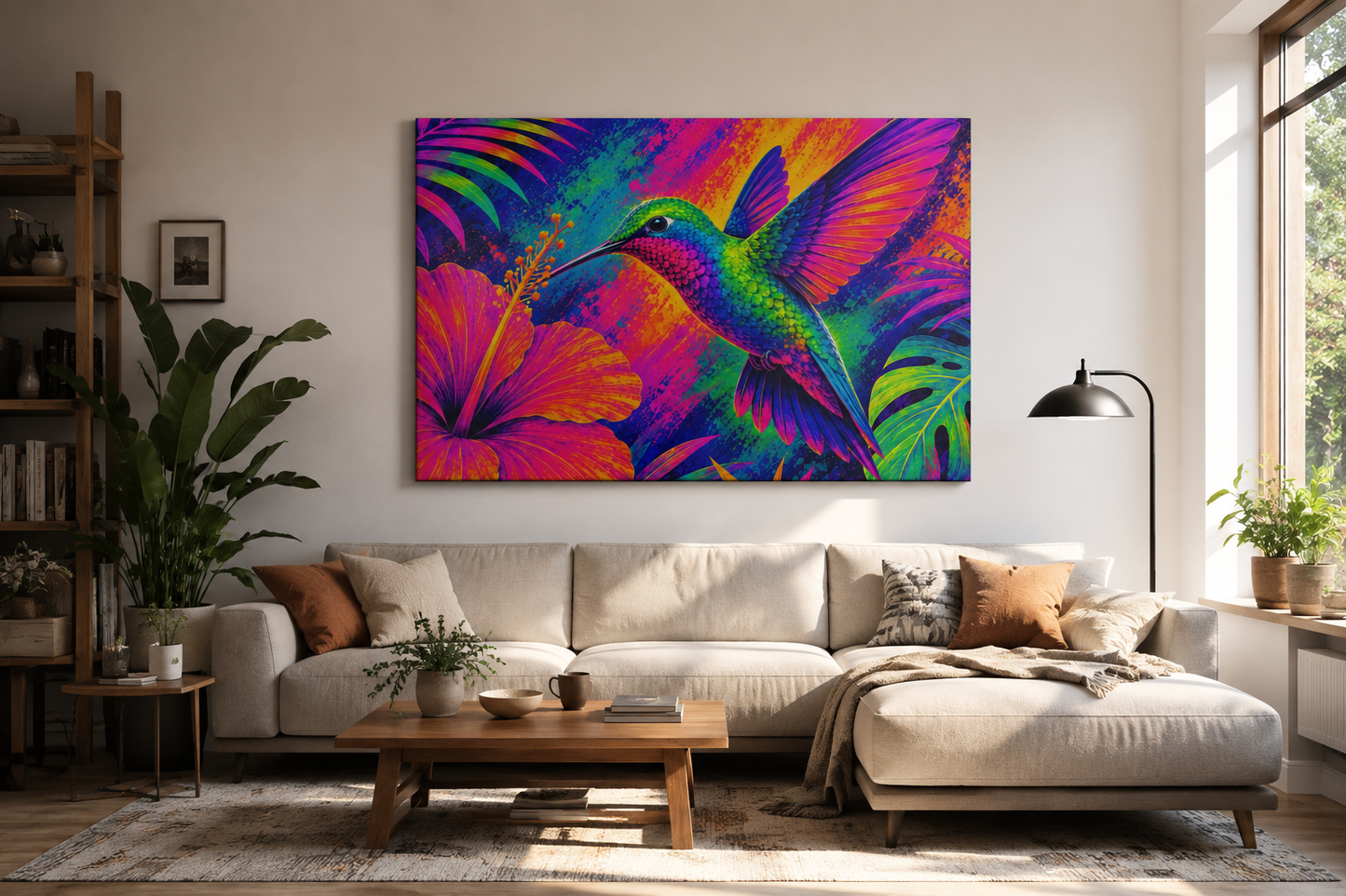 Living room with a colorful abstract painting of a hummingbird and flowers on the wall.