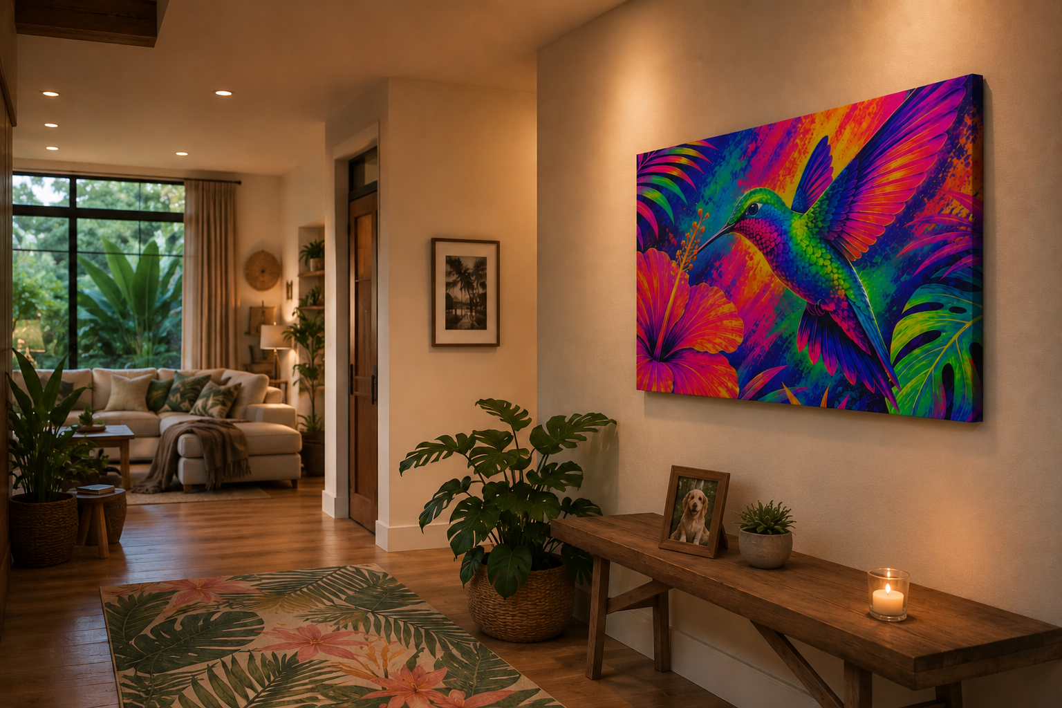 Living room with a colorful abstract painting on the wall